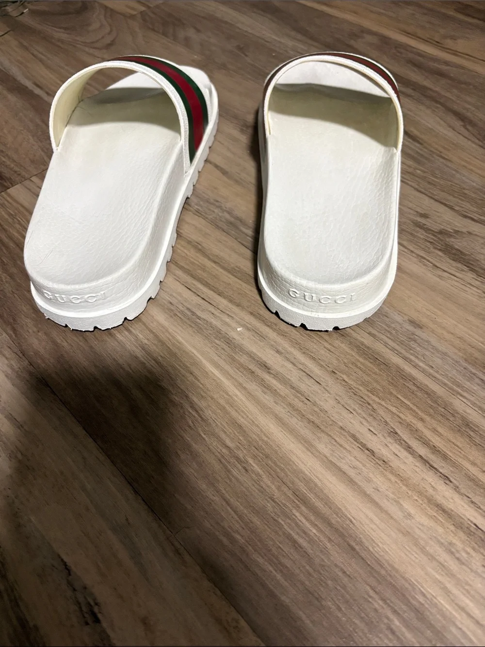 Gucci White Slide Sandals with Green and Red Stripes